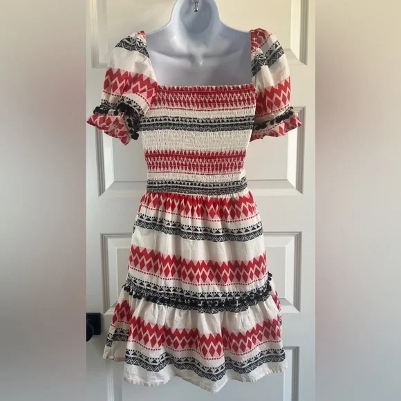 EN CRÈME Smocked Boho Pom Pom Mini Dress Red Cream Black Size XS TINY FLAW - Picture 3 of 11